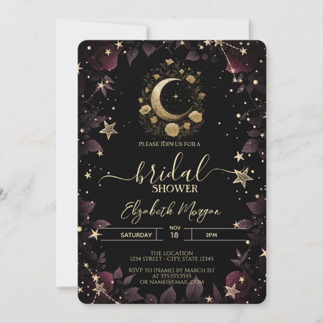 Convites Gold Floral Moon,Stars Roses Bridal Shower (Frente)