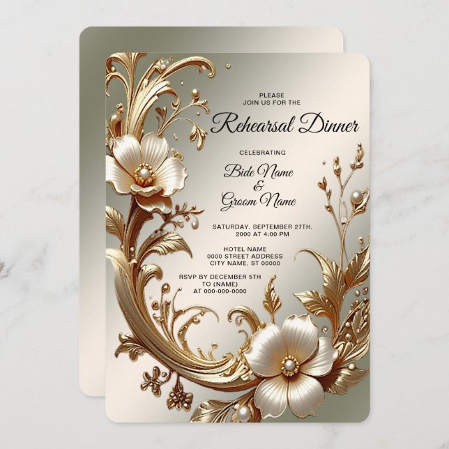 Convites Gold Floral Rehearsal Dinner (Frente/Verso)