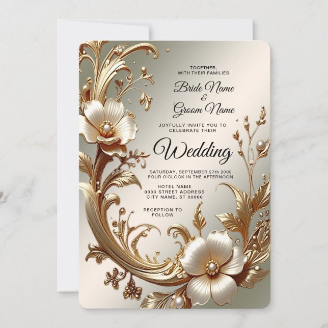 Convites Gold Floral Wedding Invitation (Frente)