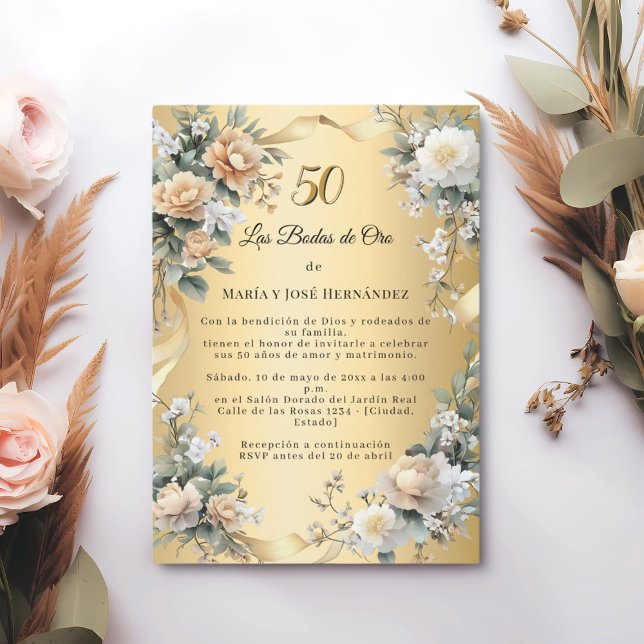 Convites Gold Florals Invitación Bodas de Oro (Criador carregado)