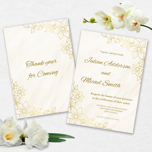 Convites Gold Flowery Wedding invitation (Criador carregado)