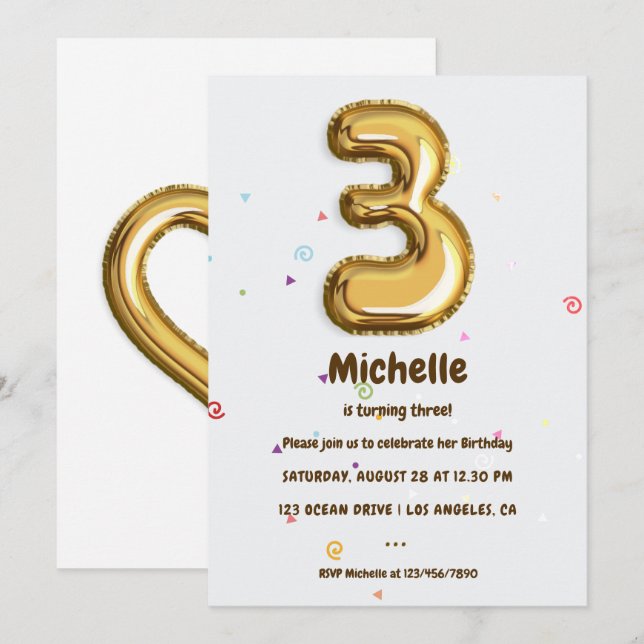 Convites Gold Foil Balloon e Confetti aniversário de 3 anos (Frente/Verso)