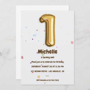 Convites Gold Foil Balloon e Confetti - Partido do primeiro