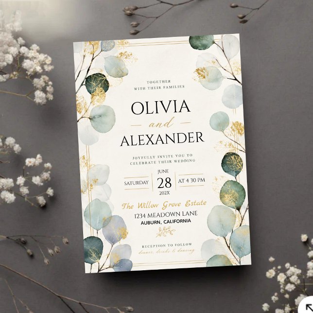 Convites Gold Foil Eucalyptus Elegant Botanical Leaves (Criador carregado)