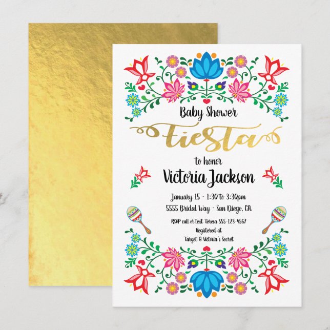 Convites Gold Foil Floral Chá de fraldas Fiesta Mexicano (Frente/Verso)