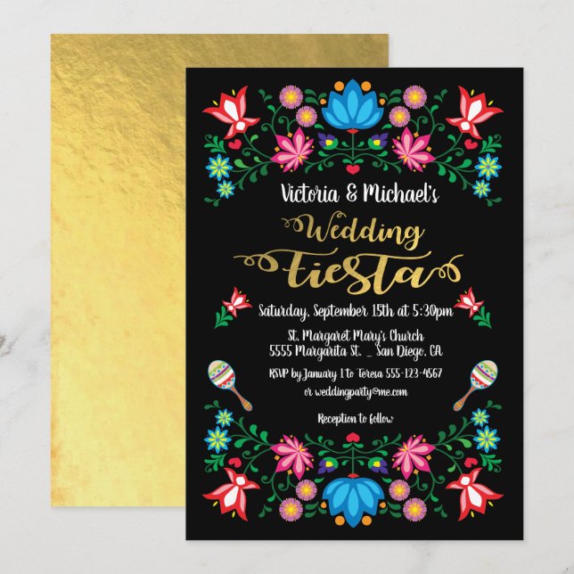 Convites Gold Foil Floral Mexicana Weding Fiesta (Frente/Verso)