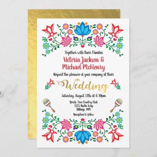 Convites Gold Foil Floral Mexicana Weding Fiesta (Frente/Verso)