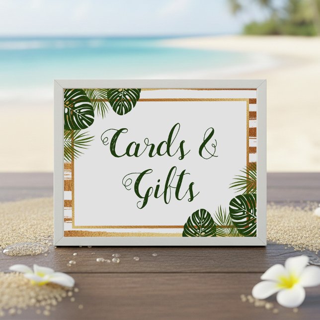 Convites Gold Foil & Green Palm Leaf Beach Sign (Criador carregado)