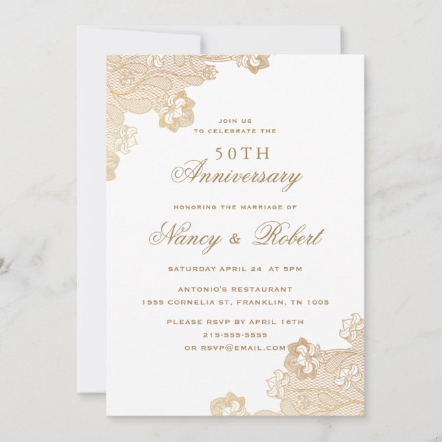 Convites Gold Foil Lace White 50º Aniversário de Casamento (Frente)