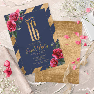 Convites Gold Foil Stripes Floral Marinho ID757