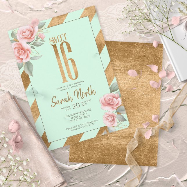 Convites Gold Foil Stripes Floral Mint ID757 (Criador carregado)