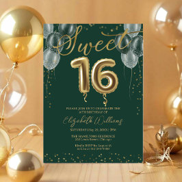 Convites Gold Foil Sweet 16 Birthday Balloons Green Party