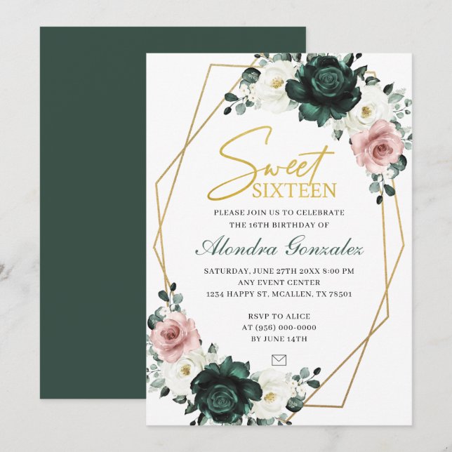 Convites Gold frame emerald green floral Sweet 16 invite (Frente/Verso)
