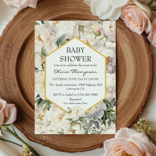 Convites Gold Frame Ivory Peony Garden Baby Shower (Criador carregado)