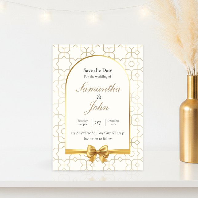 Convites Gold Geometric Arch Photo Save the Date Cards (Gold & Ivory Geometric Art Deco Wedding Save the Date Card)