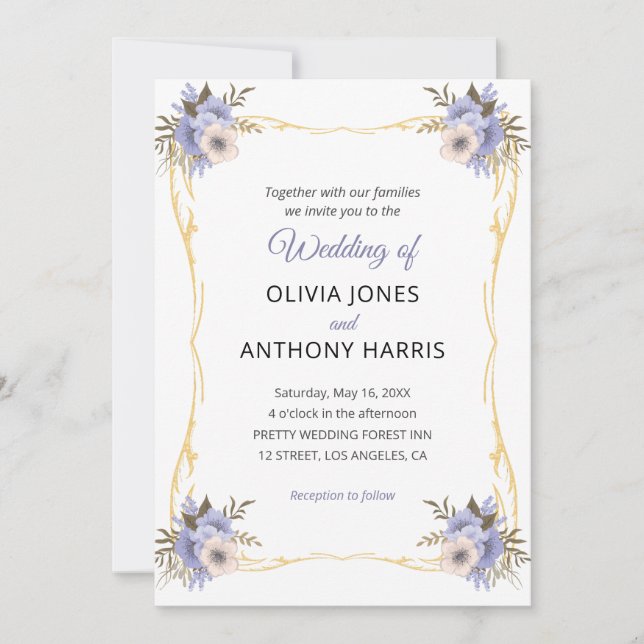 Convites Gold Geometric Rustic Purple Floral Wedding  (Frente)