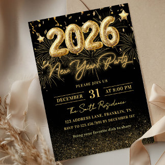 Convites Gold Glitter 2026 New Year Party Invitation