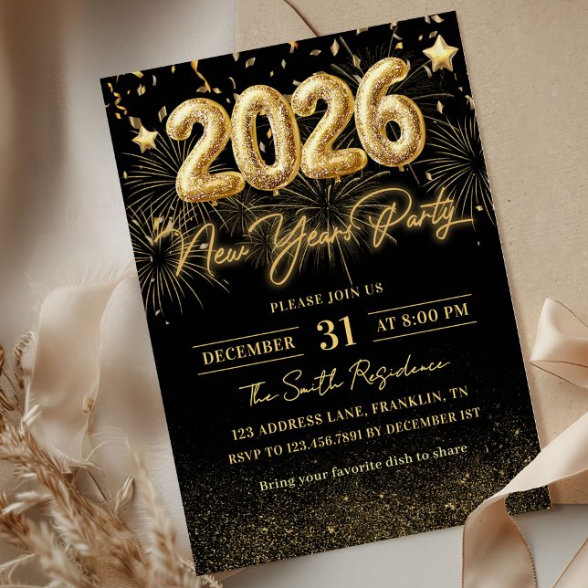 Convites Gold Glitter 2026 New Year Party Invitation (Criador carregado)