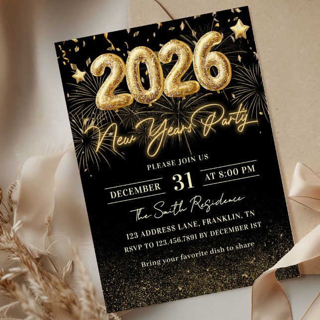 Convites Gold Glitter 2026 New Year Party Invitation (Criador carregado)