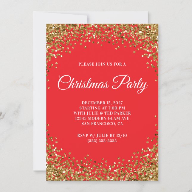 Convites Gold Glitter Border Red Christmas Party (Frente)