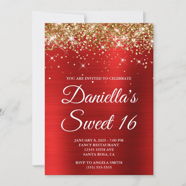 Convites Gold Glitter Bright Red Foil Sweet 16 (Frente)