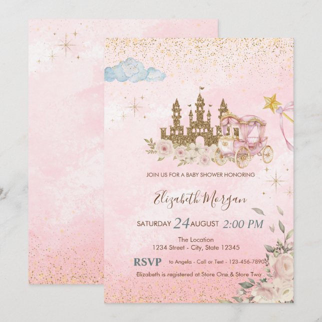 Convites Gold Glitter Castle,FlowersCarriage Baby Shower  (Frente/Verso)