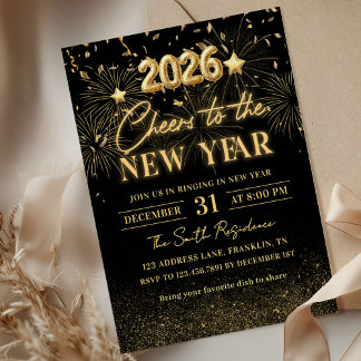 Convites Gold Glitter Cheers to the New Year Invitation