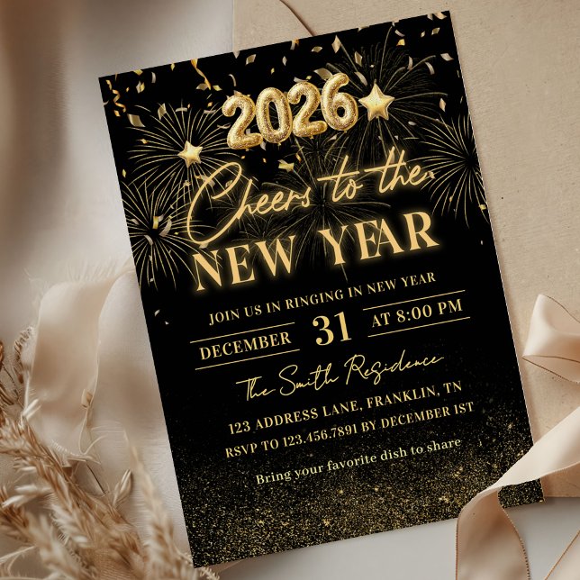 Convites Gold Glitter Cheers to the New Year Invitation (Criador carregado)
