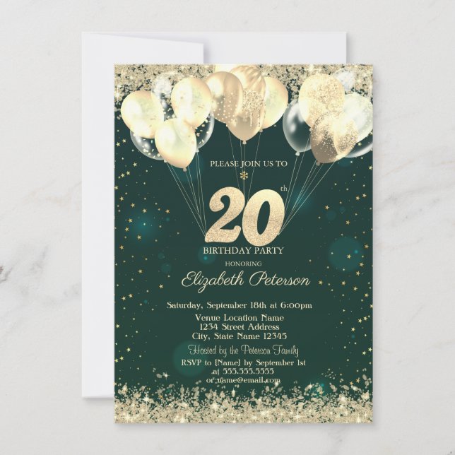 Convites Gold Glitter Confetti Balloons Green 20th Birthday (Frente)
