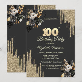 Convites Gold Glitter Drips Black Roses Dark 100th