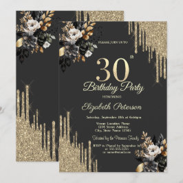 Convites Gold Glitter Drips Black Roses Dark 30th Birthday 