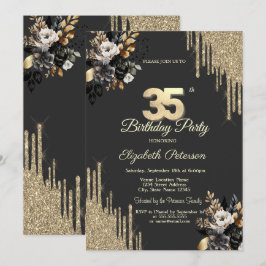 Convites Gold Glitter Drips Black Roses Dark 35th Birthday