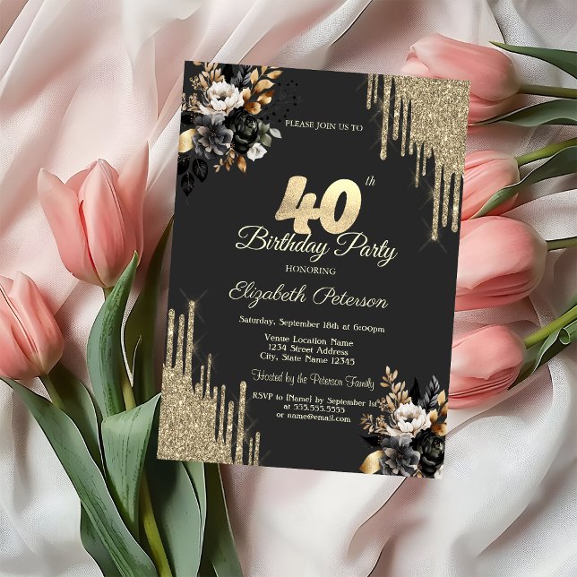 Convites Gold Glitter Drips Black Roses Dark 40th Birthday (Criador carregado)