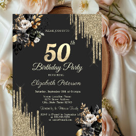Convites Gold Glitter Drips Black Roses Dark 50th Birthday 