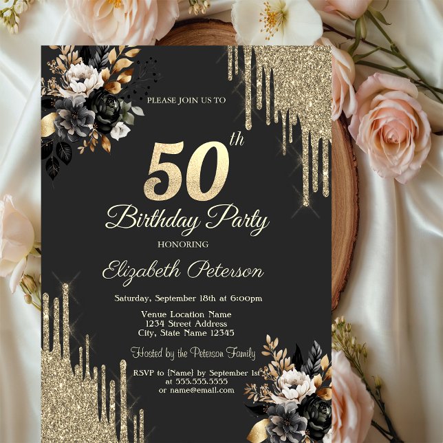 Convites Gold Glitter Drips Black Roses Dark 50th Birthday  (Criador carregado)