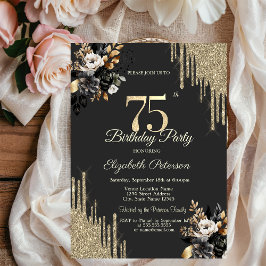 Convites Gold Glitter Drips Black Roses Dark 75th Birthday