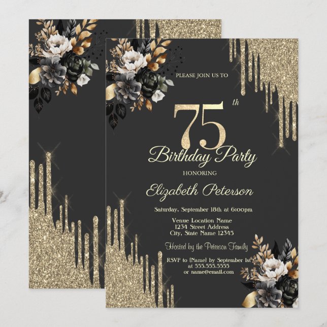 Convites Gold Glitter Drips Black Roses Dark 75th Birthday (Frente/Verso)