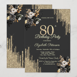 Convites Gold Glitter Drips Black Roses Dark 80th Birthday