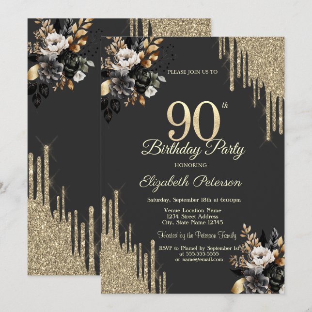 Convites Gold Glitter Drips Black Roses Dark 90th Birthday (Frente/Verso)