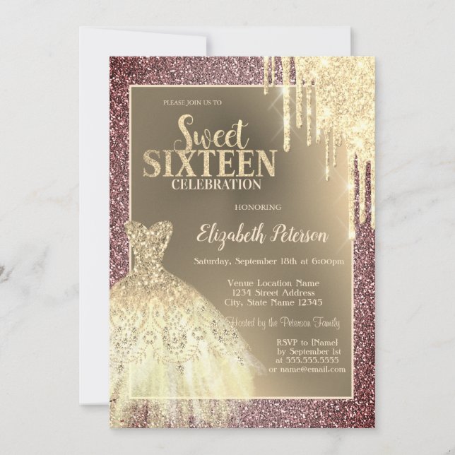 Convites Gold Glitter Drips,Dress Glitter Sweet 16 (Frente)