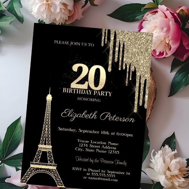 Convites Gold Glitter Drips, Eiffel Tower 20th Birthday (Criador carregado)
