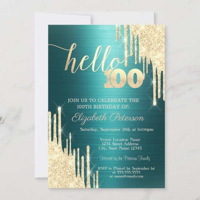Convites Gold Glitter Drips Green Metallic 100th Birthday (Frente)