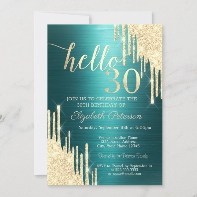 Convites Gold Glitter Drips Green Metallic 30th Birthday (Frente)