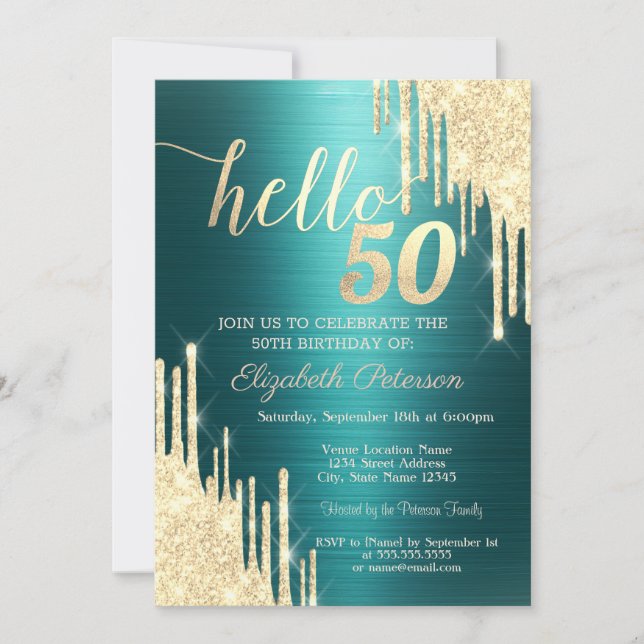 Convites Gold Glitter Drips Green Metallic 50th Birthday (Frente)
