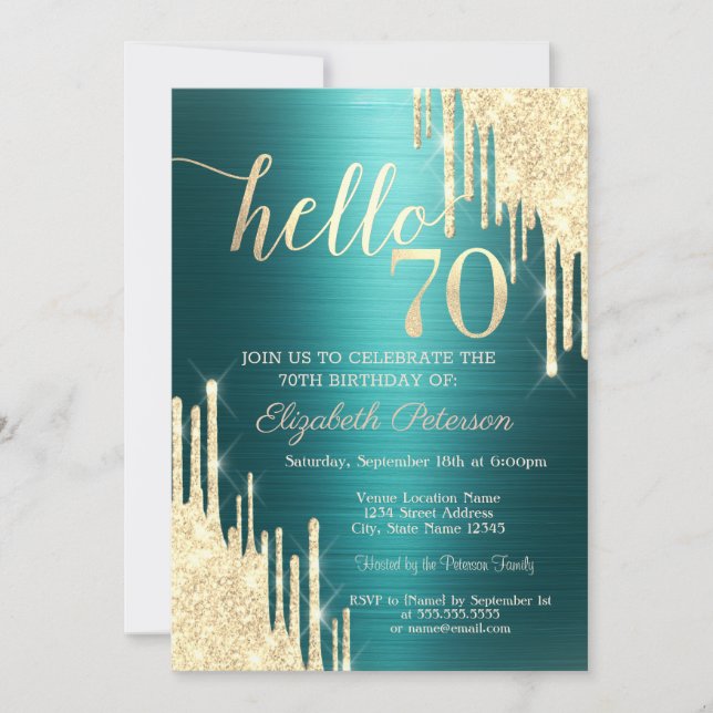 Convites Gold Glitter Drips Green Metallic 70th Birthday (Frente)