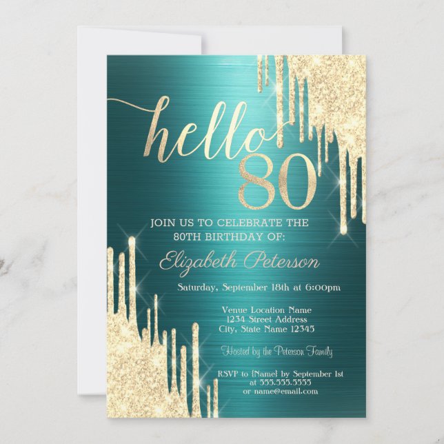 Convites Gold Glitter Drips Green Metallic 80th Birthday (Frente)