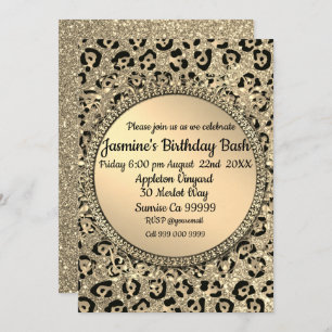 Convites Gold Glitter Glam Leopard Print Birthday 