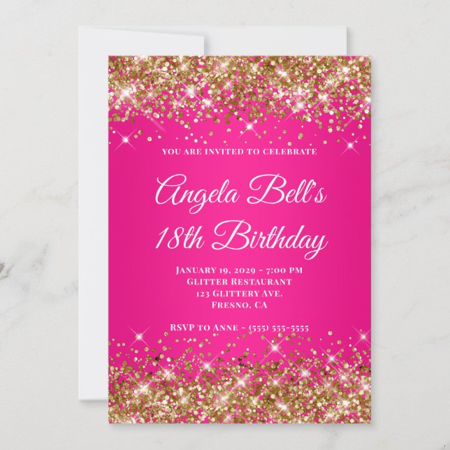 Convites Gold Glitter Hot Pink Ombre Monogram 18th Birthday (Frente)