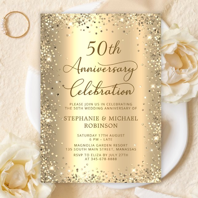 Convites Gold Glitter Metallic 50th Wedding Anniversary (Criador carregado)