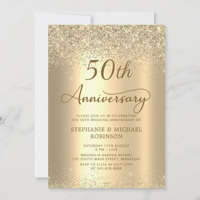 Convites Gold Glitter Metallic 50th Wedding Anniversary (Frente)